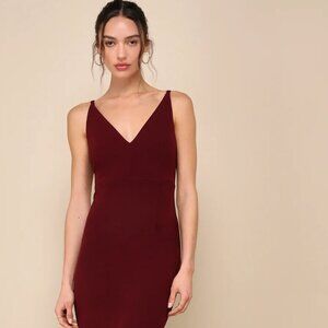 Lulus Melora Burgundy Plum V-neck & back Sleeveless Formal Mermaid Maxi Dress